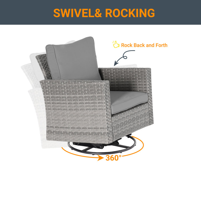 Ashvin 5 Piece Wicker Conversation Set with Cushions and Rocking Swivel Chairs, Gray
