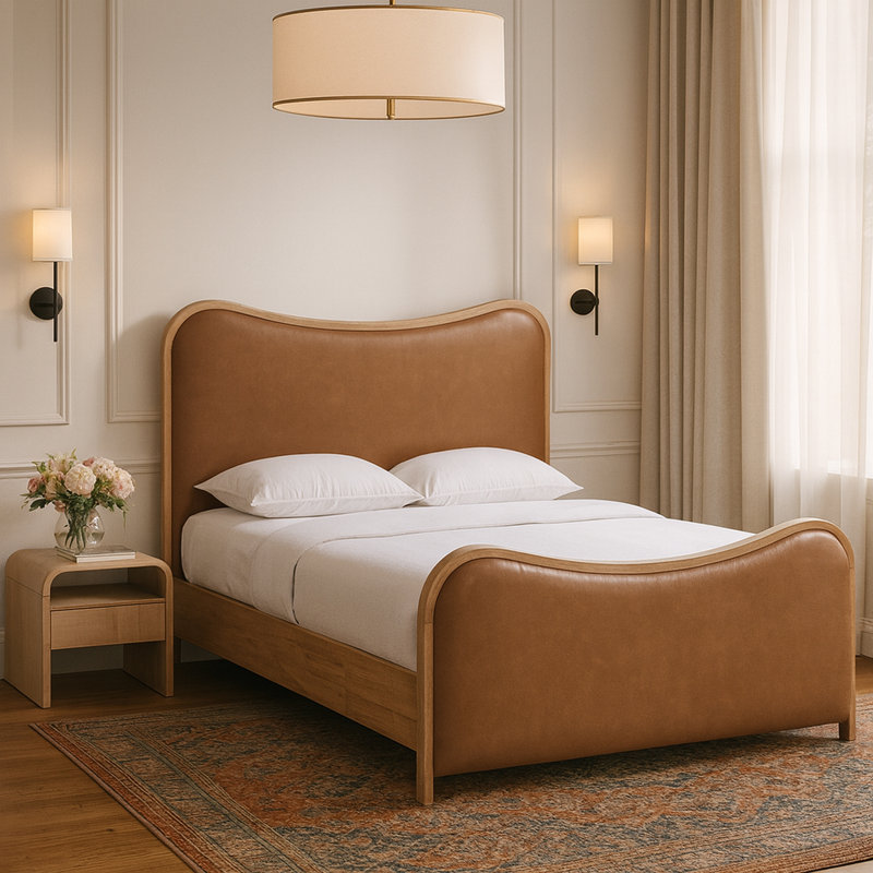 Lit tapissier Arvada, Cognac végétalien en cuir / brossé naturel, Grand