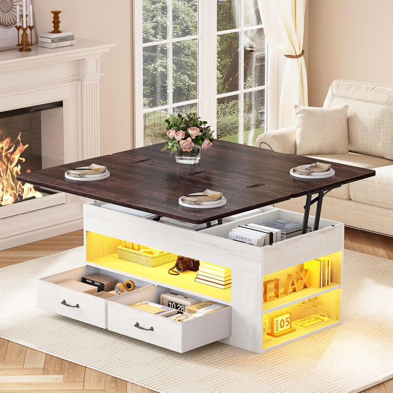Table basse à plateau relevable, tables basses 4 en 1 avec rangement et compartiment caché, table basse de style campagnard