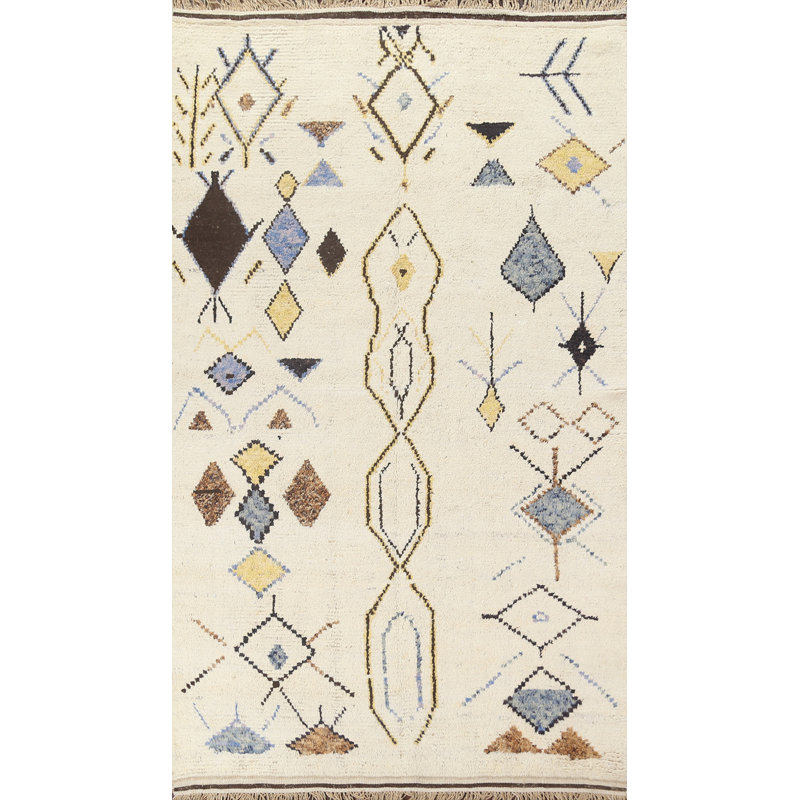 Tapis ivoire en laine noué à la main de conception unique 5 pi 10 po x 10 pi 4 po Moroccan