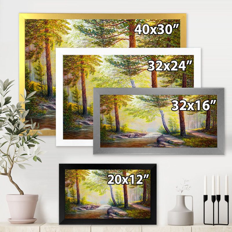 Après-midi, lumière à travers les arbres dans la forêt - peinture sur toile, H 30 po x l 40 po x 1,5 po, Cadre photo blanc