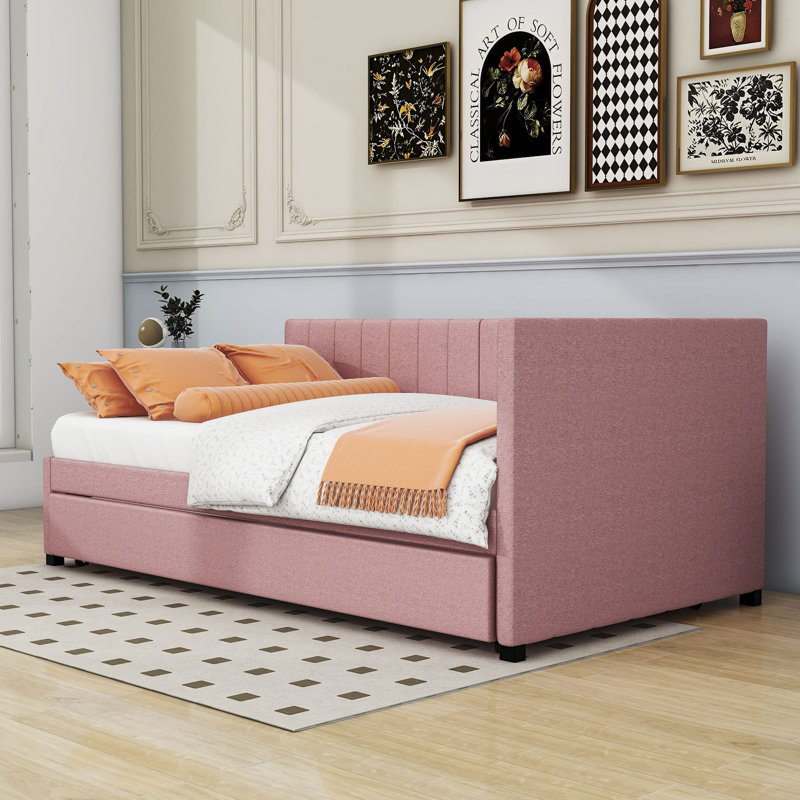 Lit de jour en lin avec couchette simple Naqeeb, Rose