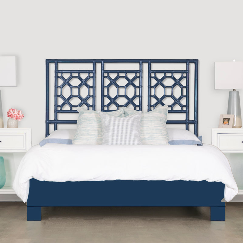 Lattice Back Open-Frame Rattan Headboard, Queen, Navy Blue