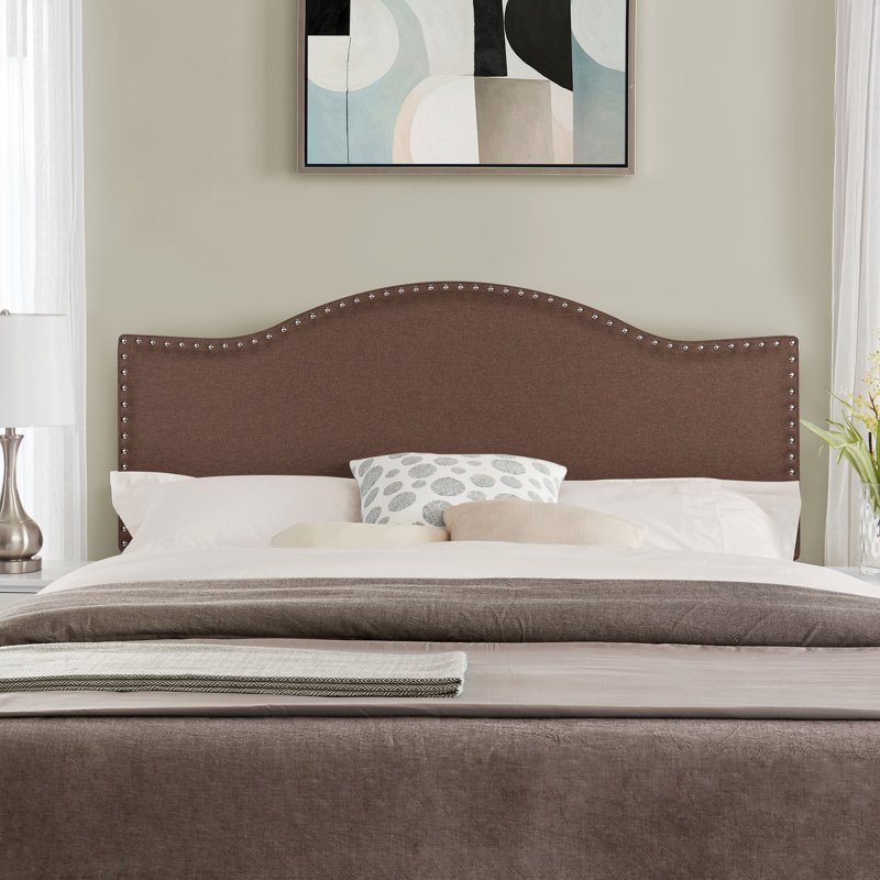Nailhead Trim Adjustable Upholstered Headboard in Linen Fabric, Metal Legs, Espresso, Queen