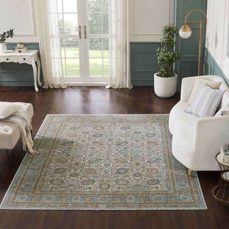 Tapis à motif cachemire bleu Narooma, Ivoire/bleu, Rectangle 5 pi 6 po x 8 pi 6 po