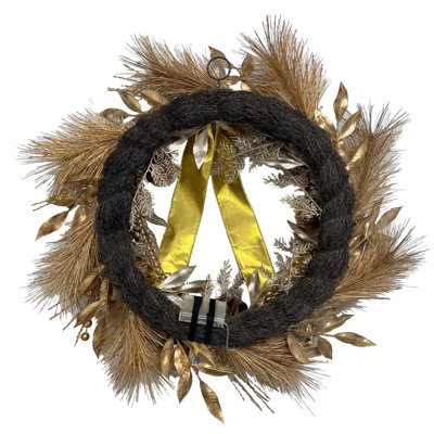 CGH Designs 26 in. Pre-Lit Gold Bow Pinecone and Ornament Holiday Wreath with Timer