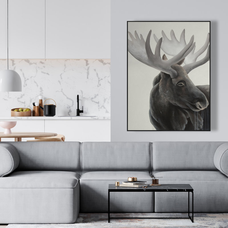 «Grayscale Moose Profile», décor sur toile brun rustique encadré