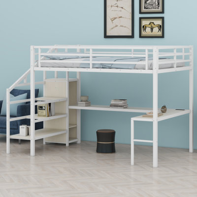 Metal Loft Bed With L-Shaped Desk And USB, Wardrobe And  Shelf, High Loft Bed With LED For Kids Teens Adults