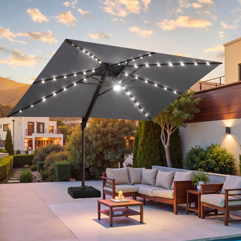 Parasol en porte-à-faux à lumière solaire 11 pi x 9 pi avec base lestée pour patio, Gris foncé
