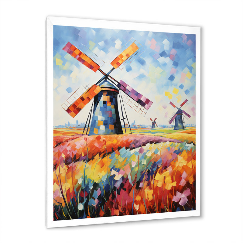 «Colorful Flower Meadow Windmills II - Wind Turbines», art mural, H 44 po x l 34 po x P 1,5 po, Cadre simple blanc