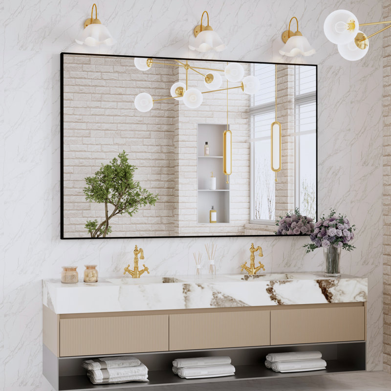 Sartori Aluminum Framed Rectangular Vanity Wall Mounted Mirror, Black, 32" x 48"