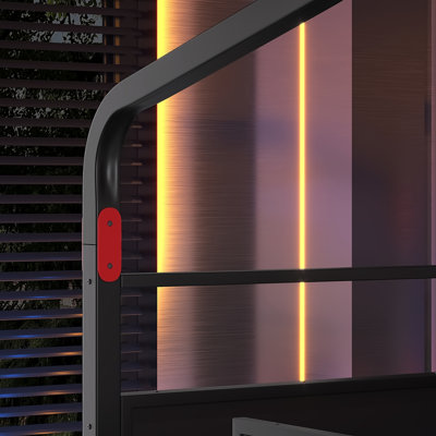 Lit mezzanine double pleine grandeur avec bureau latéral et ports USB, lit mezzanine en métal de style jeu avec lumières à DEL, armoires de rangement et auvent chic, noir