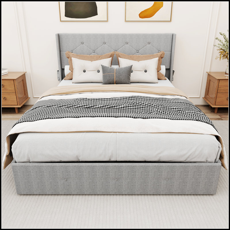 Lift Up Storage Bed with Modern Wingback Headboard and USB Ports for Enhanced Comfort and Convenience, Light Grey