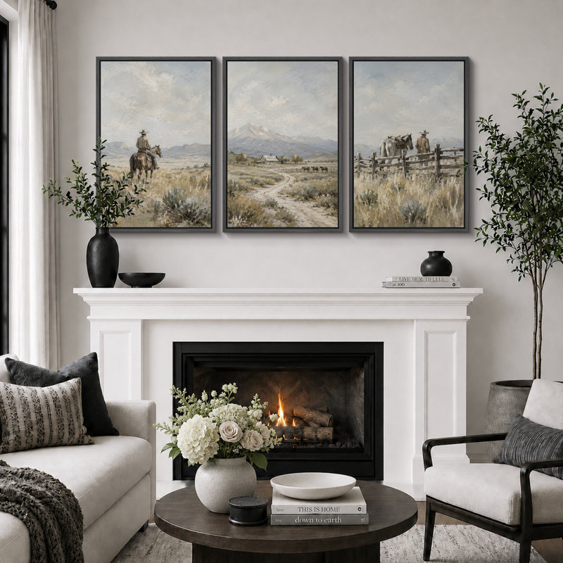 Western Cowboy Mountain, 36" H x 72" W x 1.5" D, Black Frame