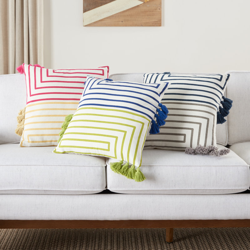 Navy and Light Gray Striped Cotton Tassel Throw Pillow Set