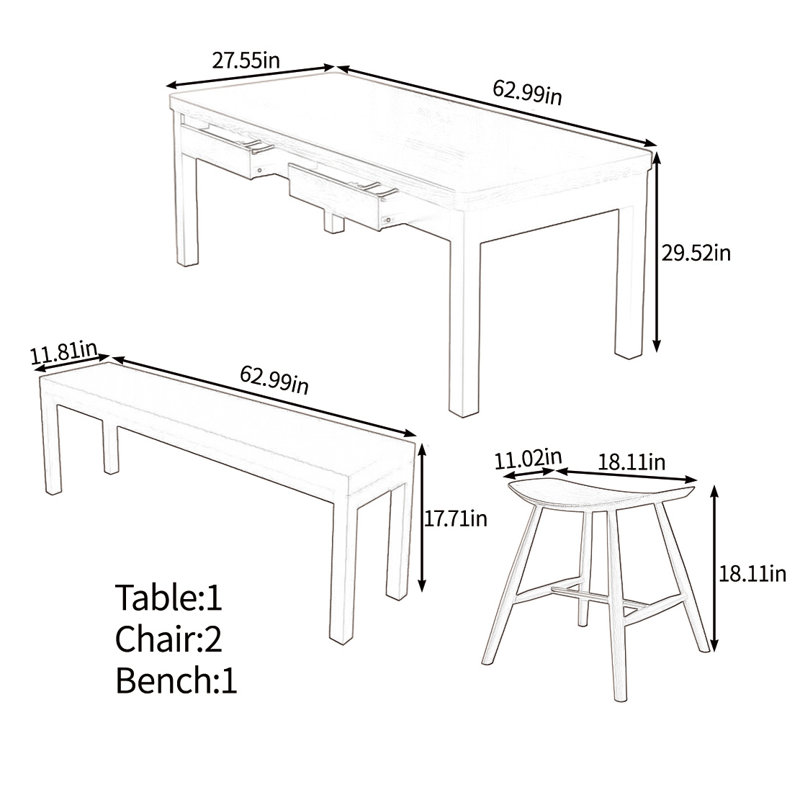 Solid wood multifunctional table set, 29.52"H x 62.99"L x 27.55"W