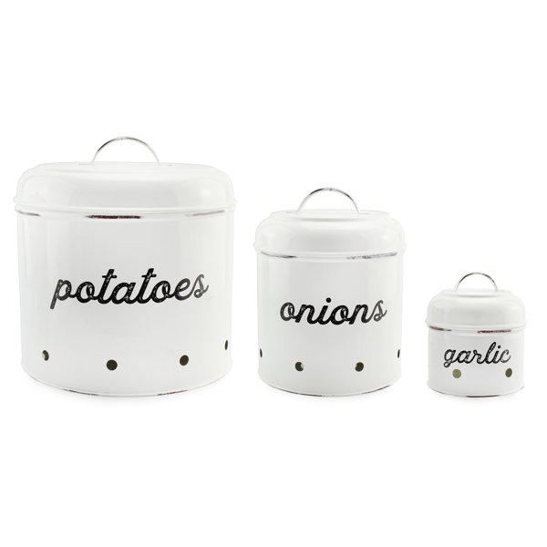 Home Acre Designs White Farmhouse Style Vented Vegetable Storage Containers  Steel Canisters with Lids, Set of 3, Potato, Onion, Garlic
