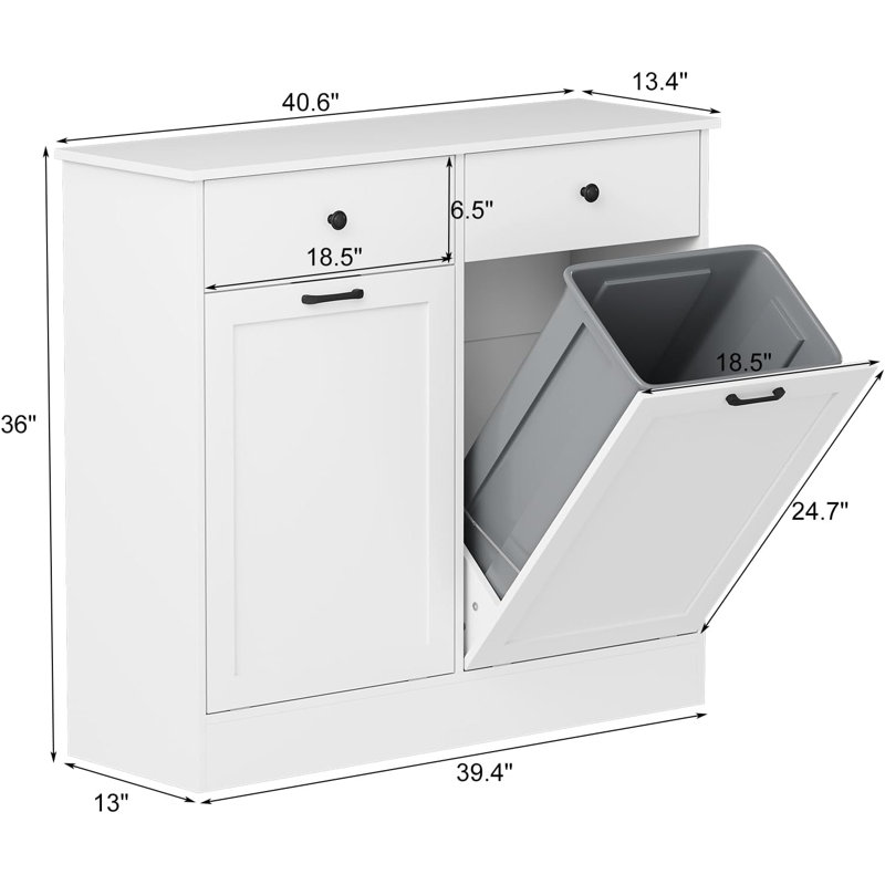 Armoire poubelle blanche à double basculement 20 gallons, rangement en bois avec fonction désodorisante, panier à linge caché avec tiroir et bac à l'épreuve des animaux