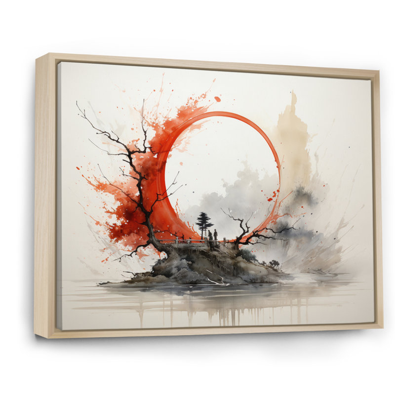 Rouge et gris, art bouddhiste Enso Lumières - art mural bouddhisme, H 12 po x l 20 po x P 1 po, Cadre flottant érable