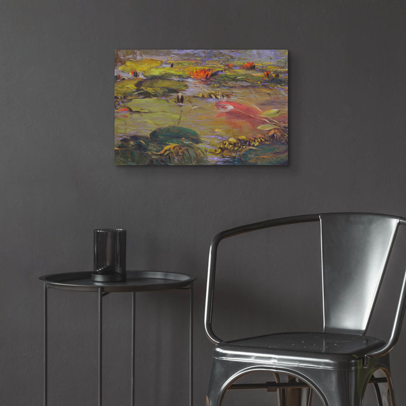 Art mural en verre épique «Koi and Lilies 1» par Chuck Larivey, 24 po x 16 po, H 16 po x l 24 po