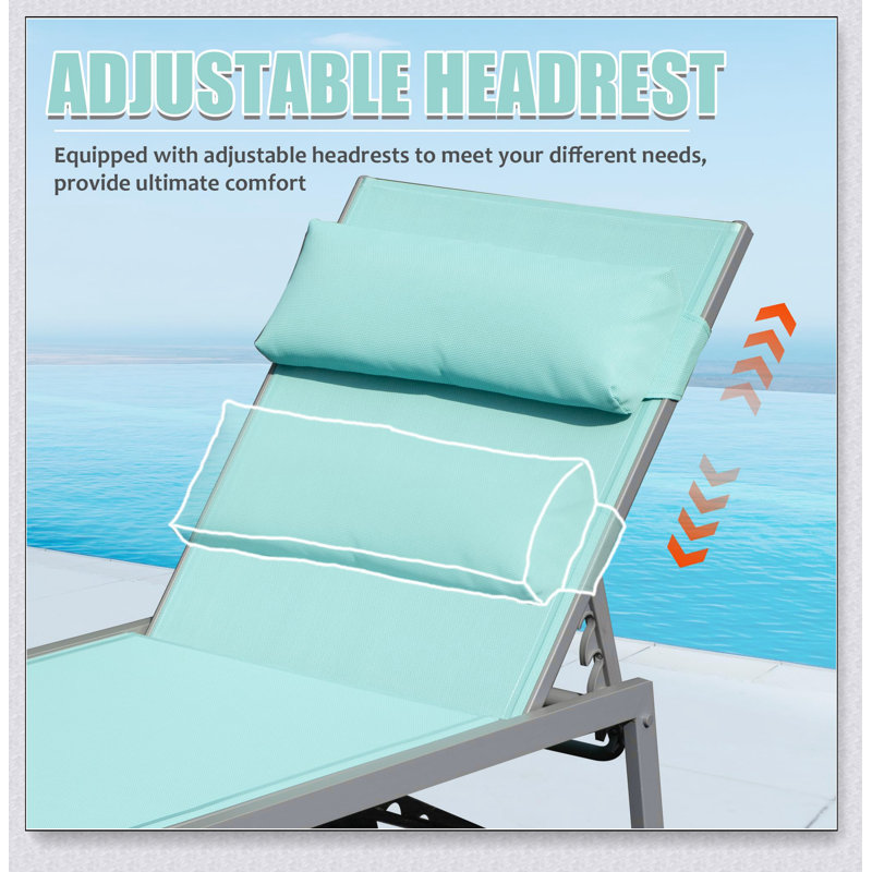 Patio Chaise Lounge Set of 3, Aluminum Pool Lounge Chairs with Side Table, Adjustable Recliner, Light Blue