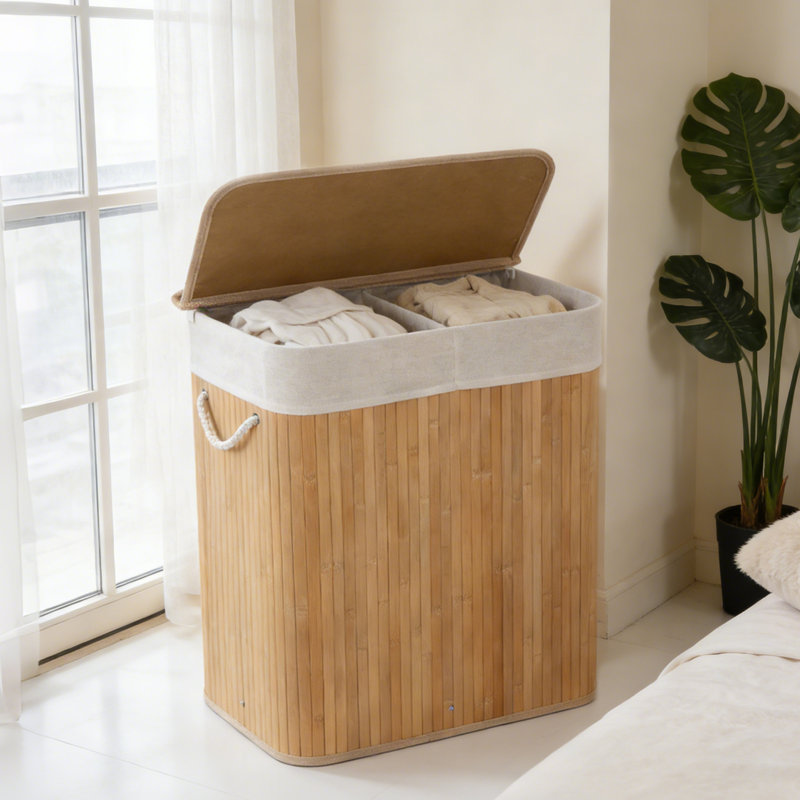 Natural Bamboo Laundry Hamper With Lid & Handles, Removable Liner, Ideal For Bathroom, Bedroom, Laundry Room, Yellow