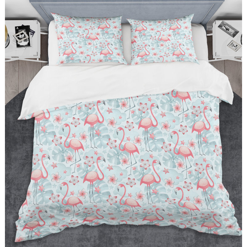 Ensemble de housse de couette tropical botanique, fleurs et flamant rose iii mid-century