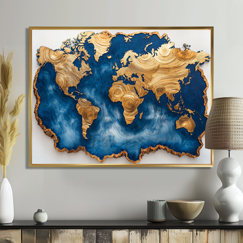 Schooley Sapphire World Map Wood Slide - Art mural carte du monde, H 16 po x l 32 po, Impression encadrée flottante, Doré