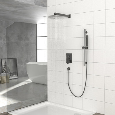 12 Inch Wall Mounted Shower In Matte Black - Adjustable Slide Bar, -balanced Valve, And Dual Function With Hose Square Head Mounted, Valve