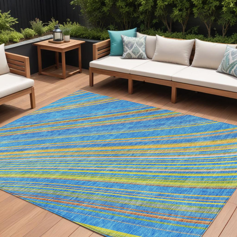 Tapis extérieur lavable rayé bleu ciel 10 pi x 14 pi