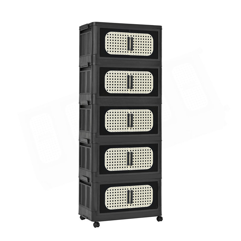 20" Side Wide Folding Storage Cabinet ,5 Tiers,19.69"×11.81"×50.00",Collapsible Storage Bins With Magnetic Door, Plastic Storage Cabinet With Wheels