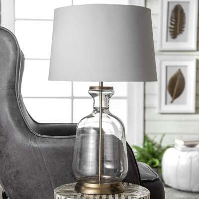 Glass Table Lamp With Cotton Shade, 3-Way Switch, Adjustable Height For Living Room, Bedroom, Or Office Lighting