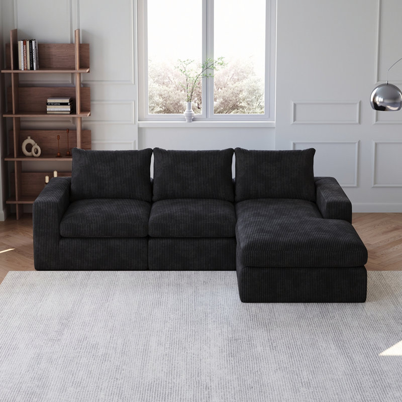 99-Inch Corduroy Cloud Sectional Sofa with Chaise, L-Shaped Modern Upholstered Sectional Sofa with Three pillows, Corduroy Sectional Sofa for Living Room and Bedroom, No Assembly Required