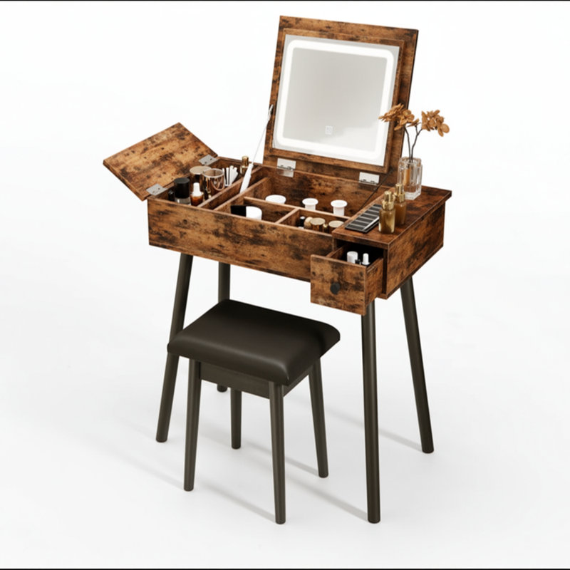 Faxan Vanity with LED Mirror, Container, Drawer and flip-top, Makeup Desk with Large Storage Space for Bedroom, Living Room