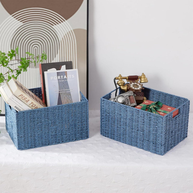 Wicker Storage Basket, Set Of 2 Hand-Woven Paper Rope Wicker Basket, Small Storage Baskets For Organizing Toilet Paper Basket, Foldable Large Cube Storage Organizer Bins For Shelves
