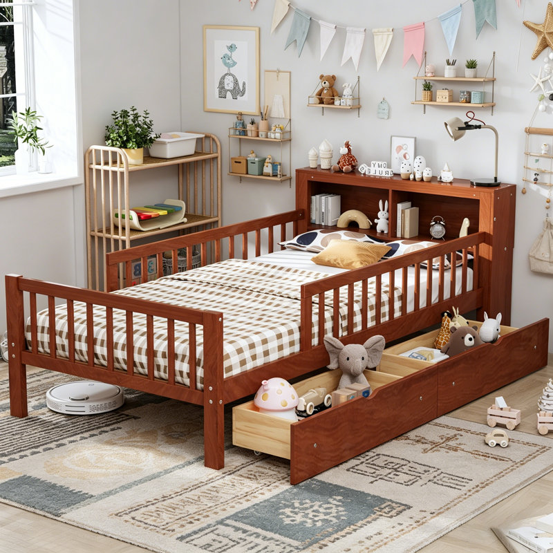 Lit simple avec rangement pour tête de lit, tiroirs sous le lit et garde-corps à trois côtés pour plus de sécurité, Noyer