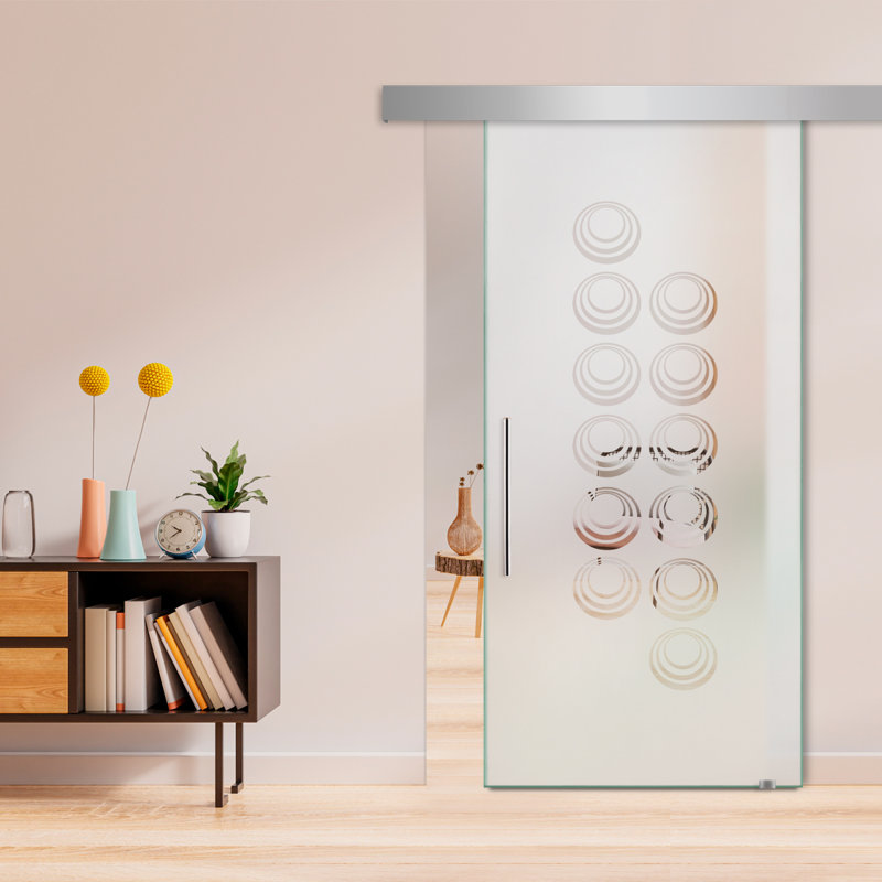 Porte de grange coulissante en verre sans cadre avec design moderne sablé et quincaillerie (semi-privée), 28 po x 84 po