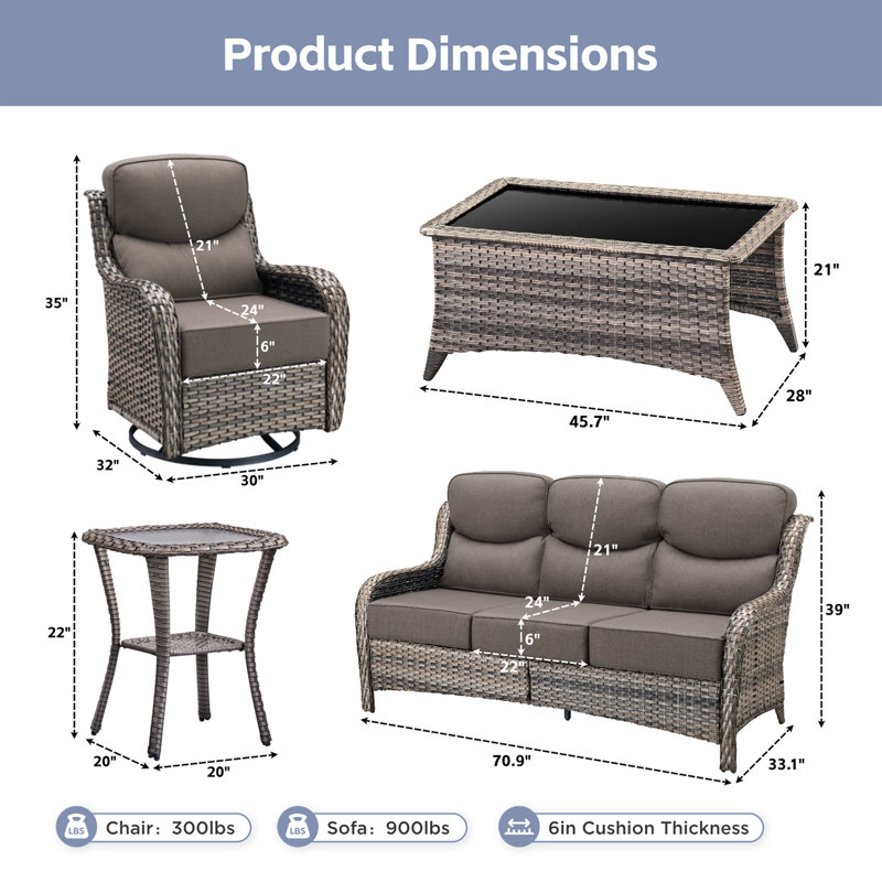 Ensemble 5 pièces de canapé de patio et de chaises pivotantes en osier avec table basse, Gris, Gris