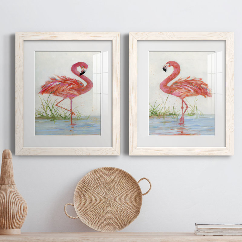 Flamingo I - ensemble de 2 peintures, H 20 po x l 34 po, Papier dans un cadre photo, Blanc