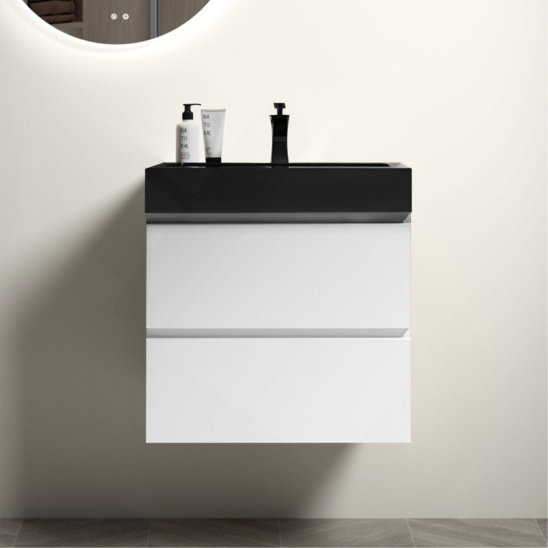 Meuble-lavabo blanc 24 po avec lavabo, grand meuble-lavabo flottant mural pour salle de bain moderne, lavabo une pièce noir sans drain ni robinet, pré-assemblé