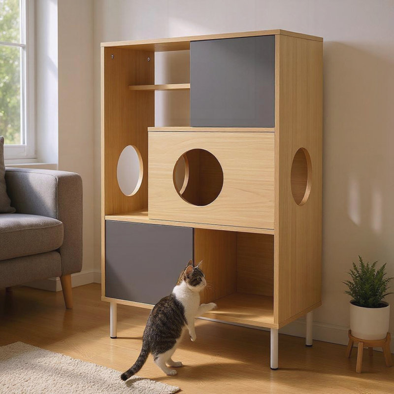 2 IN 1 Modern Cat Tree Bookshelf with Storage