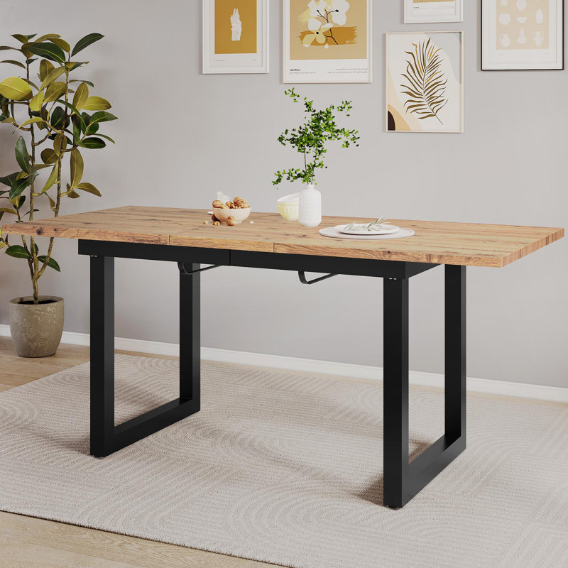 Darence Extendable Metal Base Dining Table, Natural Wood