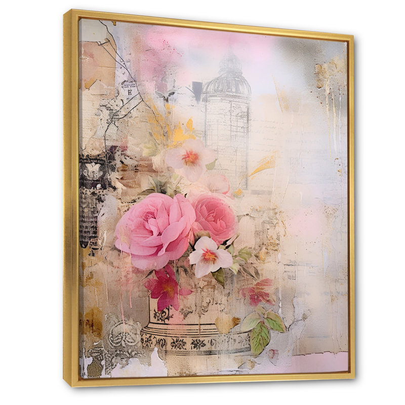 Illustration rétro de la rose en fleurs, Cadre flottant doré, H 32 po x l 16 po x P 1 po