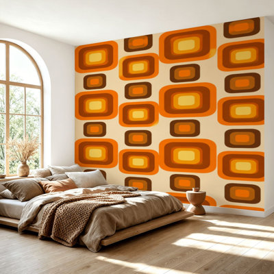 Wall Mural Peel and Stick Wallpaper 70s Retro Seamless Orange Brown Yellow Beige 60s 70s Retro style Self-Adhesive Removable Contact Paper Wall Decor for Living Room Bedroom 69"H x 96"W