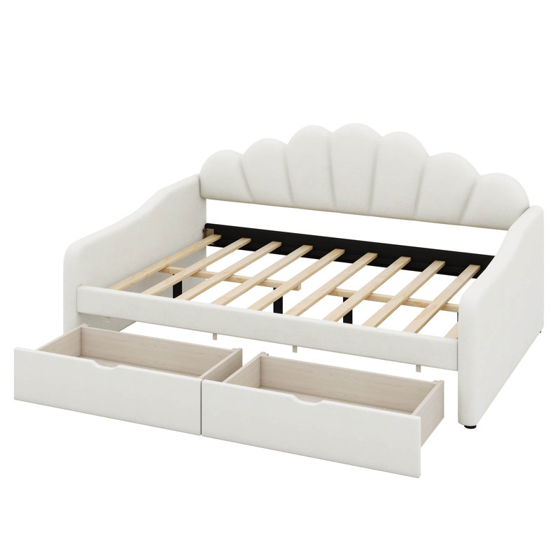 Full Size Velvet Upholstery Daybed With Shall Shaped Backrest & Curved Arms, Sofa Bed Frame With 2 Storage Drawers For Bedroom