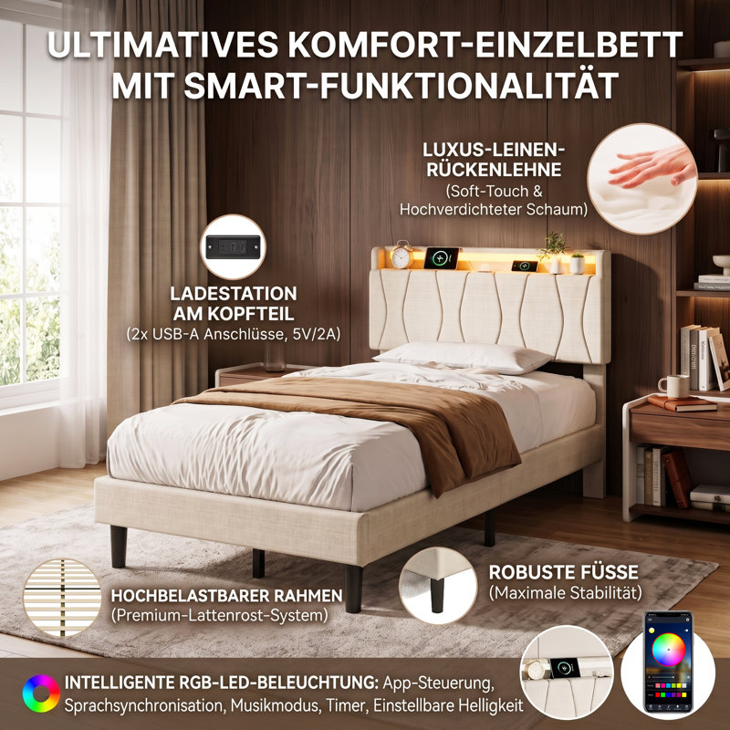 Upholstered Linen Platform Bed, European Single (90 x 200 cm), Beige