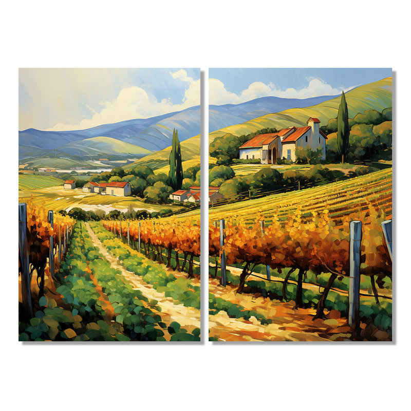 «Vangogh Sunlit Vineyard II» - art mural traditionnel jaune 2 panneaux, 36" H x 48" W, Wrapped Canvas, Does Not Apply