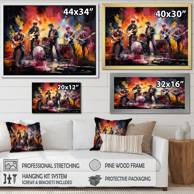 Rock Band In Action II, reproduction d'art sur toile, H 16 po x l 32 po x P 1 po, Cadre doré à une seule photo