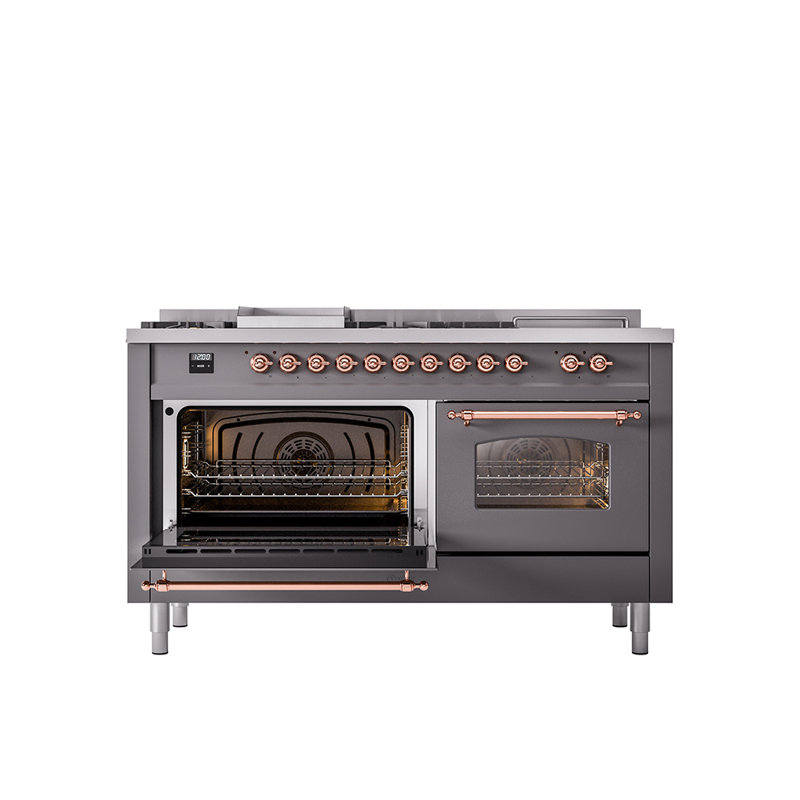ILVE Nostalgie II 60 Dual Fuel Range, 5 Burners, Griddle, Frenchtop , Natural Gas, Graphite Matte/Copper
