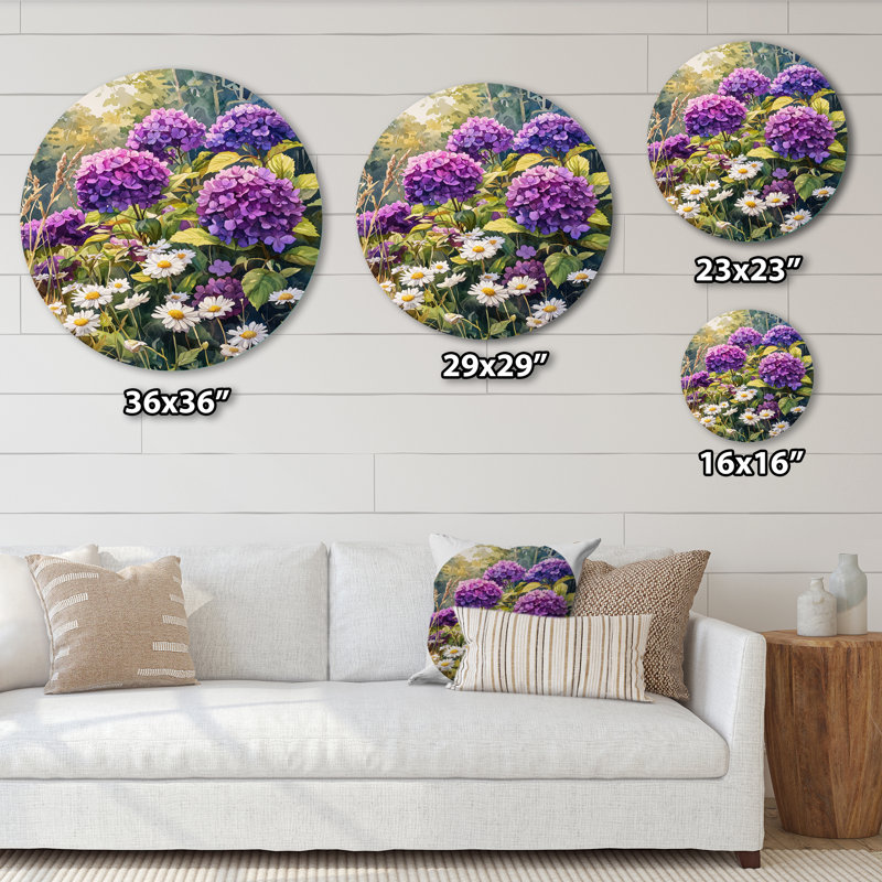 Hortensias dans le jardin champêtre - Hydrangées, art mural rond en métal, H 23 po x l 23 po